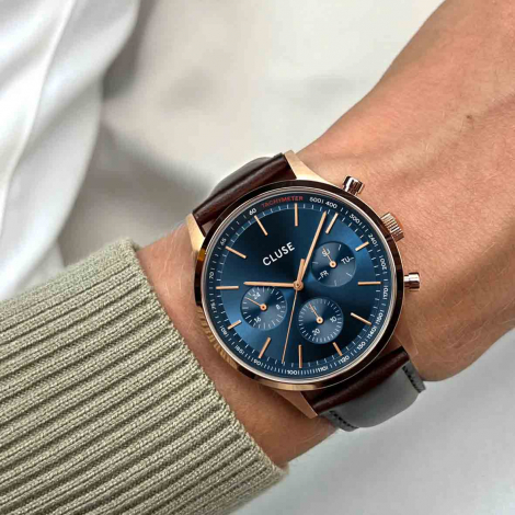 Montre Cluse Anthor Multifunction Leather Blue, Rose Gold Colour