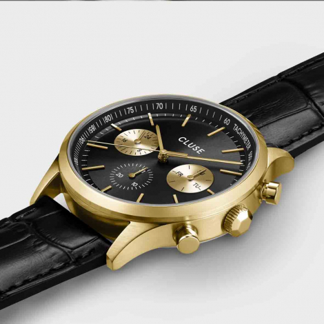 Montre Cluse Anthor Multifunction Watch Leather, Black, Gold Colour