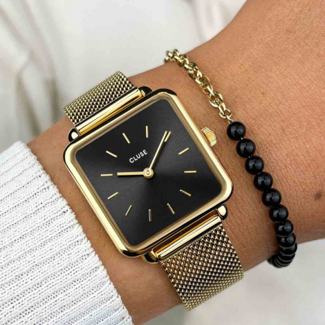 Montre Cluse Gift Box La Ttragone Mesh Watch & Beads Bracelet, Gold Colour