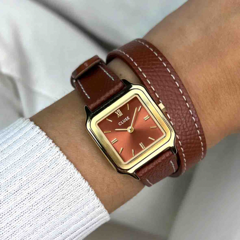 Montre Cluse Gracieuse Petite Watch Double Leather, Nutshell, Gold Colour