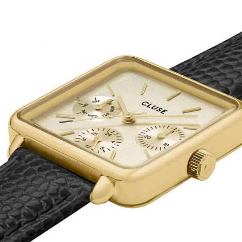 Montre Cluse La Ttragone Multifunction Watch Leather, Black Lizard, Gold Colour 