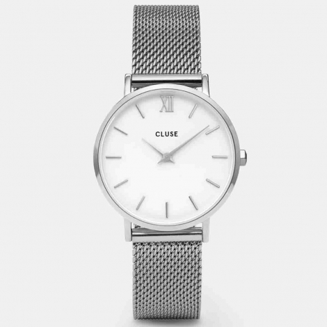 Montre Cluse Gift Box Minuit Mesh & Leather Strap Silver Colour