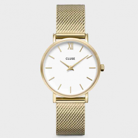 Montre Cluse Gift Box Minuit Watch Mesh & Grey Leather Strap, Gold Colour