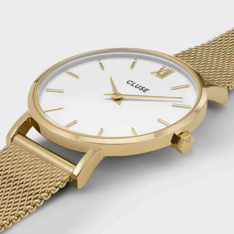 Montre Cluse Gift Box Minuit Watch Mesh & Grey Leather Strap, Gold Colour