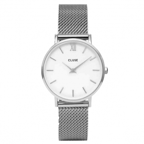 Montre Cluse Gift Box Minuit Watch Mesh & Grey Leather Strap, Silver Colour