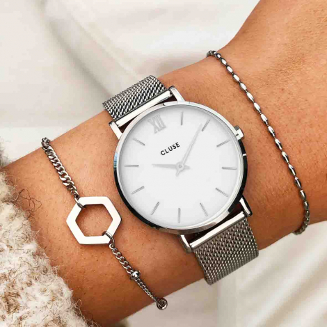 Montre Cluse Gift Box Minuit Watch Mesh & Grey Leather Strap, Silver Colour