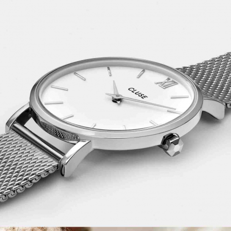 Montre Cluse Gift Box Minuit Watch Mesh & Grey Leather Strap, Silver Colour