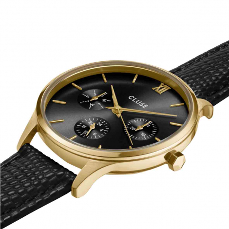 Montre Cluse Minuit Multifunction Leather, Black Lizard, Gold Colour