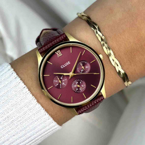 Montre Cluse Minuit Multifunction Leather, Dark Cherry Lizard, Gold Colour