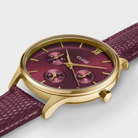 Montre Cluse Minuit Multifunction Leather, Dark Cherry Lizard, Gold Colour