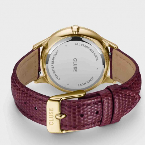 Montre Cluse Minuit Multifunction Leather, Dark Cherry Lizard, Gold Colour