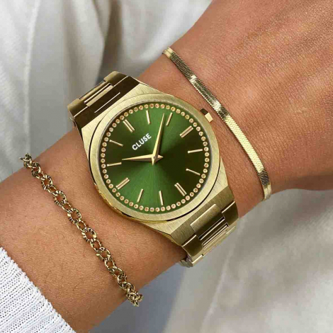 Montre Cluse Vigoureux Steel, Green Stones, Gold Colour