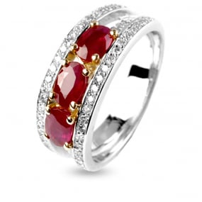 Bague rubis trilogie et diamants diamant  - Agathe - 12296RU
