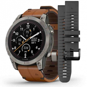 Garmin fenix 7 Pro  Sapphire Solar Edition - Titane - Titanium avec bracelet en cuir marron + bracelet silicone 47 mm- 010-02777-30