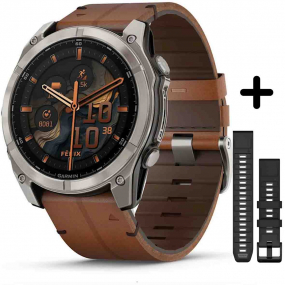 Garmin Fenix 8  51 mm, AMOLED  Sapphire, Titanium avec bracelet avec bracelet en cuir marron 51 mm - 010-02905-40