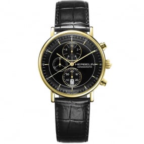 Herbelin Inspiration Chronographe Quartz Cadran Noir Bracelet Cuir - 35647P14