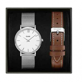 Montre Cluse Coffret Minuit Watch & Brown Leather Strap Silver Colour -  - CG10207