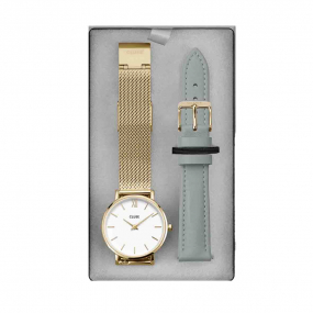 Montre Cluse Montre Cluse Gift Box Minuit Watch Mesh & Grey Leather Strap, Gold Colour -  - CG10212