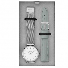 Montre Cluse Montre Cluse Gift Box Minuit Watch Mesh & Grey Leather Strap, Silver Colour -  - CG10213