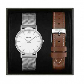 Coffret Minuit Watch & Brown Leather Strap Silver Colour