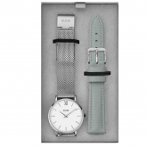 Montre Cluse Gift Box Minuit Watch Mesh & Grey Leather Strap, Silver Colour