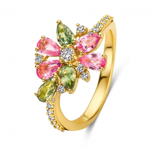 Bague Saphir Rose - Vert  et Diamants en Or Jaune diamant Caprice -067592XE
