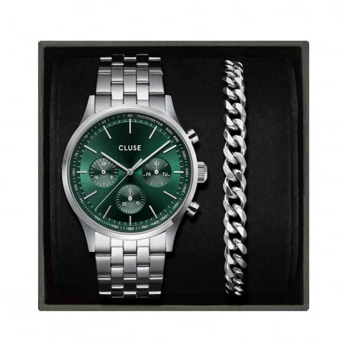 Coffret Cluse Anthor Multifunction Watch Steel Green, Cuban Chain Bracelet -  - CG20906