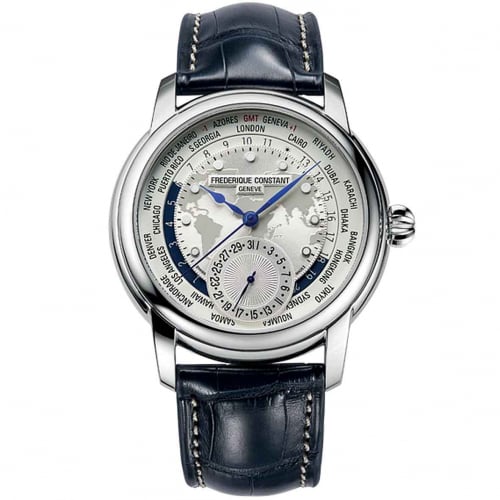 Frdrique Constant Worldtimer Manufacture Automatique Cadran Argent Bracelet Cuir - FC-718WM4H6