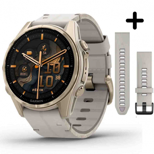 Garmin Fenix 8  43 mm, AMOLED  Sapphire Soft Gold avec bracelet cuir beige crme et bracelet silicone 43 mm- 010-02903-40