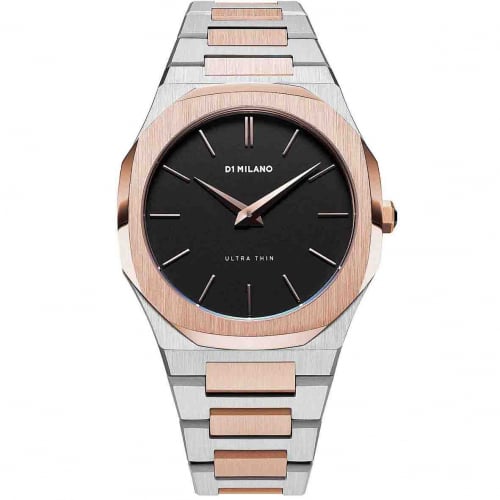 Montre D1 Milano Ultra Thin Abisso - Homme  Quartz- cadran Noir- 38 mm - Acier inoxydable PVD or rose - UTBU03