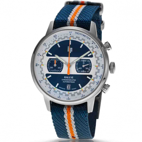 Montre Lip Rallye Chrono Auto Jacquard - Homme - cadran blanc et bleu- 42 mm - Acier 316L - 671823